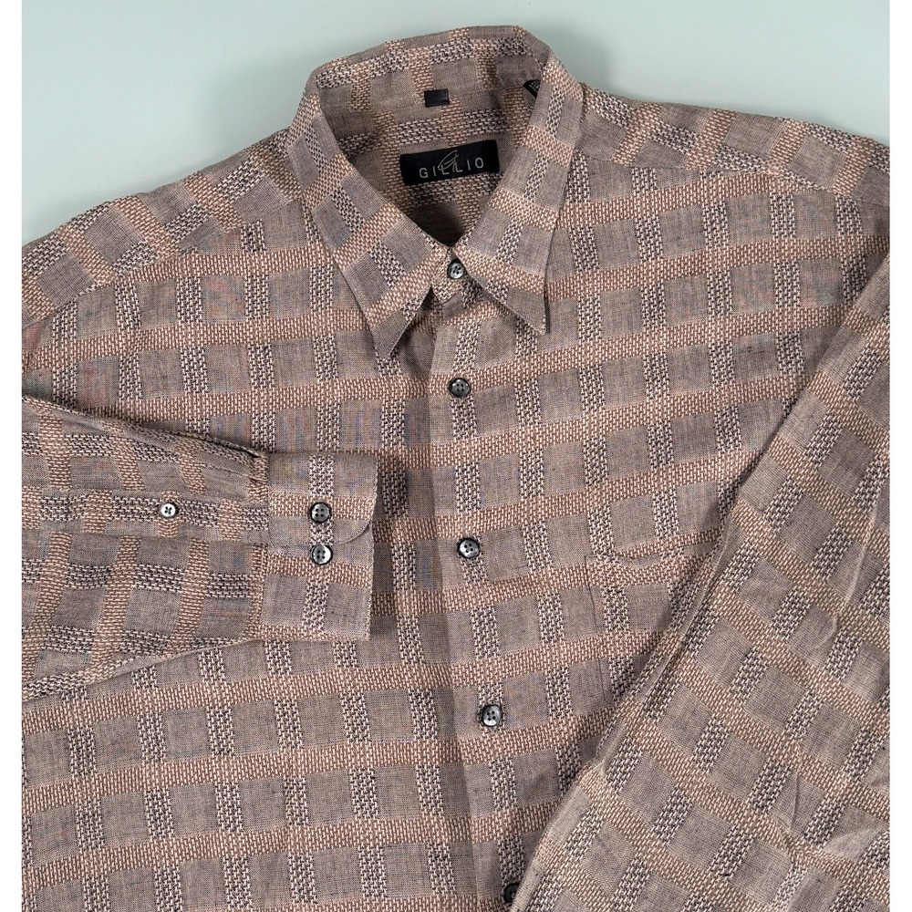 Gillio Cotton Linen Blend Brown/Tan Shirt Men's Check Button Down Preppy - Large
